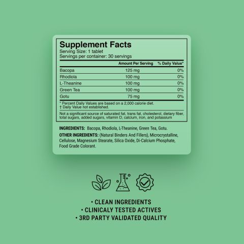 Study Work Productivity Tablets - Bacopa, Gotu, Green Tea, L-Theanine, Rhodiola - Thumbnail 9