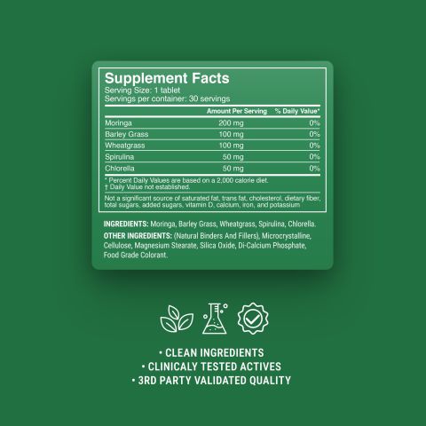 Green Superblend Tablets - Barley Grass, Chlorella, Moringa, Spirulina, Wheatgrass - Thumbnail 9