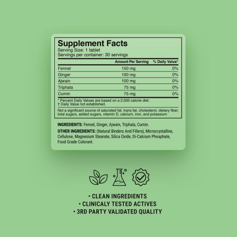 Gas & Bloating Relief Tablets - Ajwain, Cumin, Fennel, Ginger, Triphala - Thumbnail 9