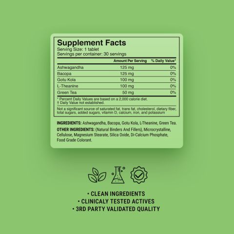 Calm Focus Tablets - Ashwagandha, Bacopa, Gotu Kola, Green Tea, L-Theanine - Thumbnail 9